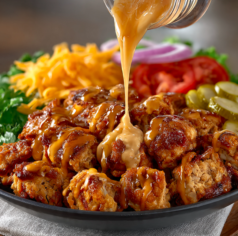 Burger bowls with ground beef lettuce tomato cheese and sauce