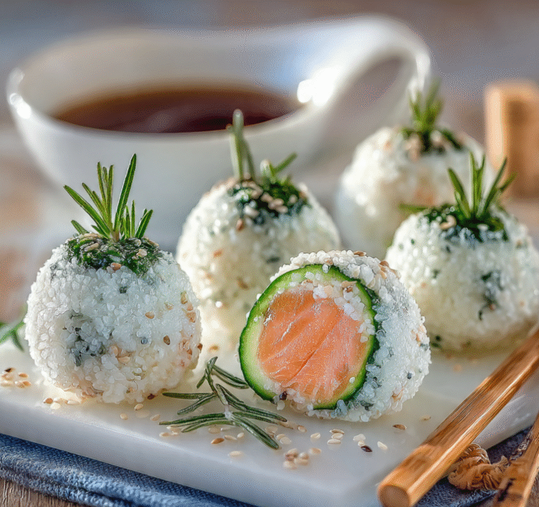 Easy sushi balls made with rice avocado cucumber and salmon