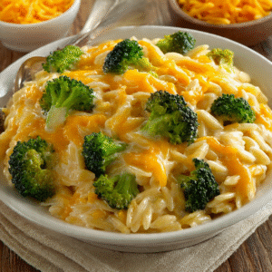 Creamy one-pot broccoli cheddar orzo served warm